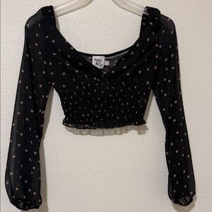 Princess Polly Black Smocked Long-Sleeve Crop Top with Pink Floral Dots